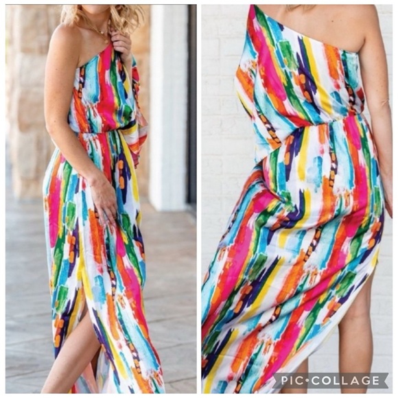Judith March silky one shoulder colorful maxi dress with side slit, EUC! - Picture 3 of 10